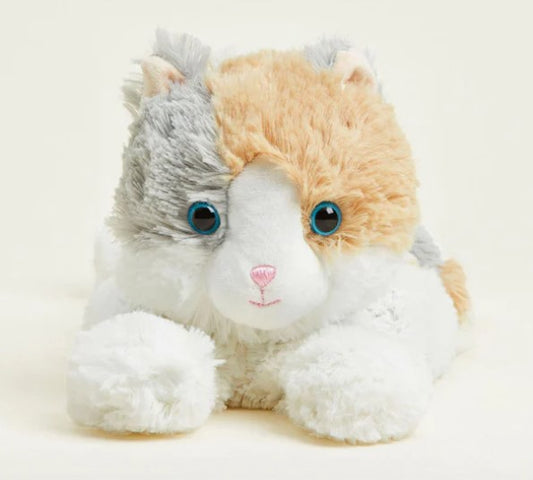 A plush toy resembling a calico cat with a combination of white, orange, and gray fur, featuring a soft and fluffy design.