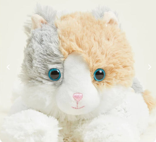 A plush toy resembling a calico cat with a combination of white, orange, and gray fur, featuring a soft and fluffy design.