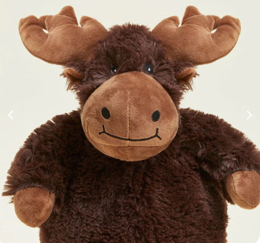 A plush toy resembling a moose with a brown color scheme, designed for therapeutic use.