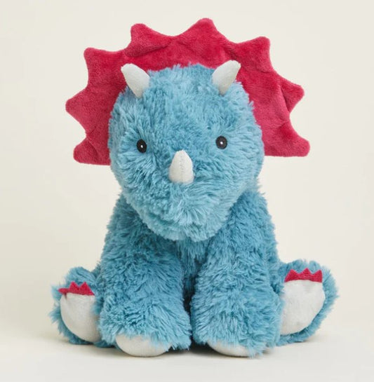 A plush toy resembling a triceratops with a blue body, pink and white accents, and a red spiky crest.