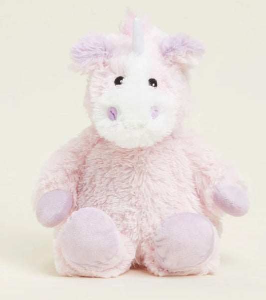 A pink plush unicorn Warmies toy with a soft texture, designed for microwavable comfort and lavender scent.