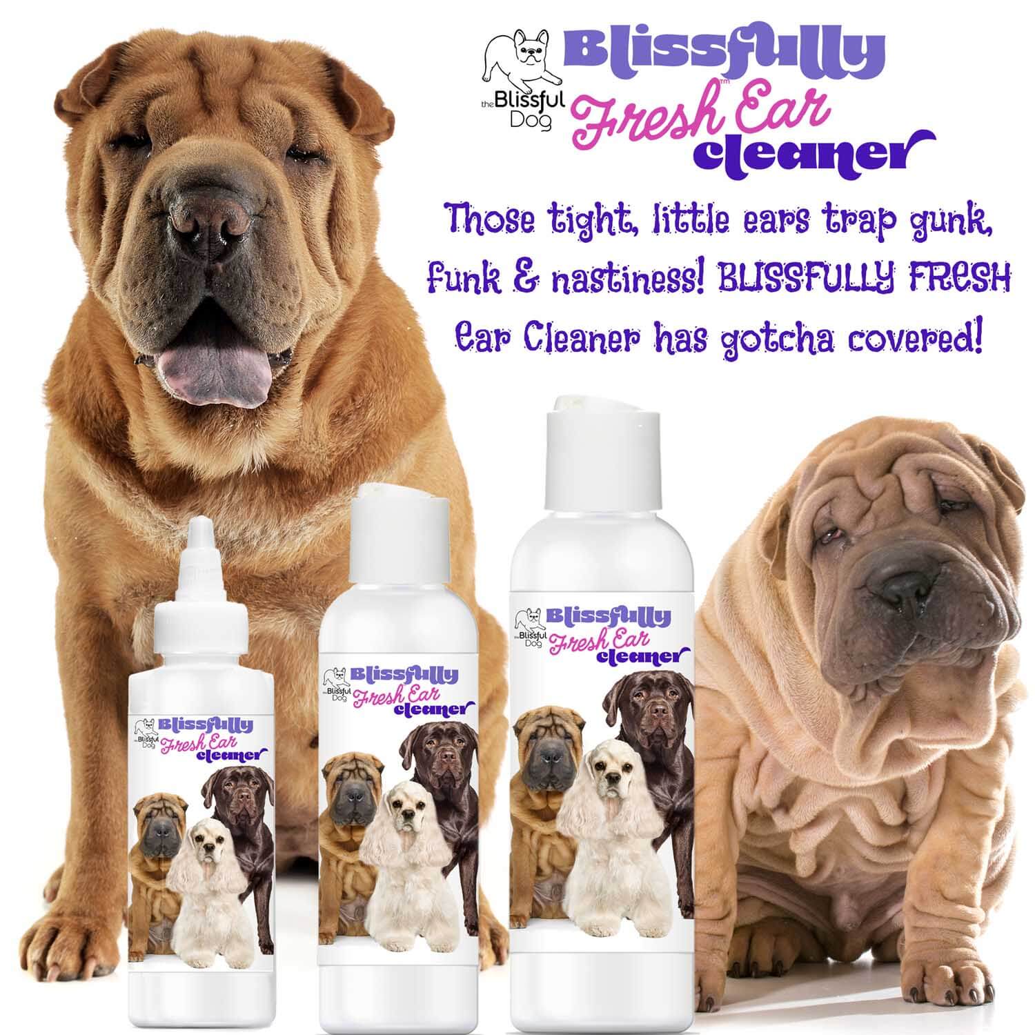 Blissfully Fresh Dog Ear Cleaner products displayed with happy dogs, promoting clean ears and freshness.