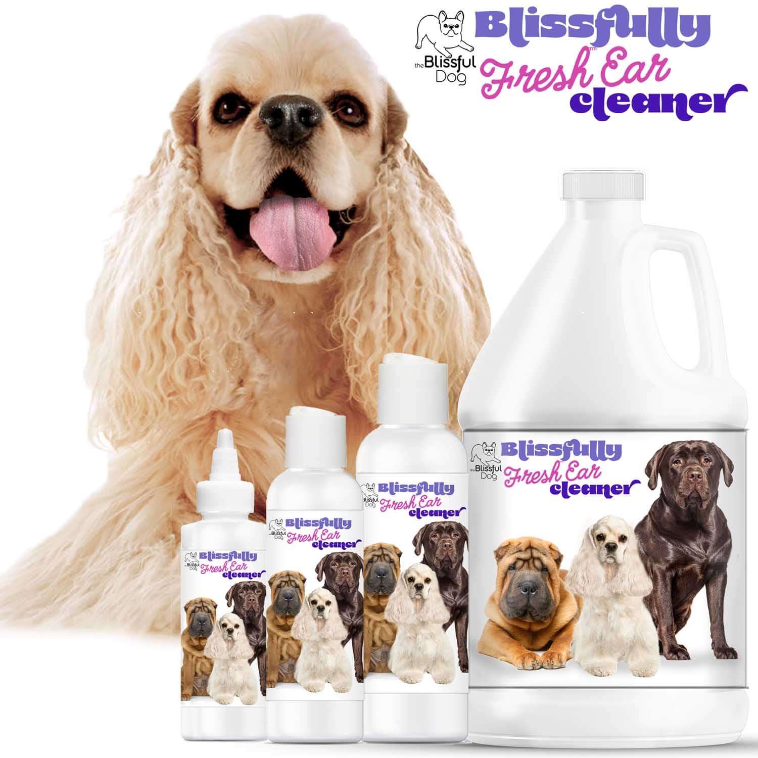 Blissfully Fresh Dog Ear Cleaner products displayed with a happy dog featuring various bottle sizes.