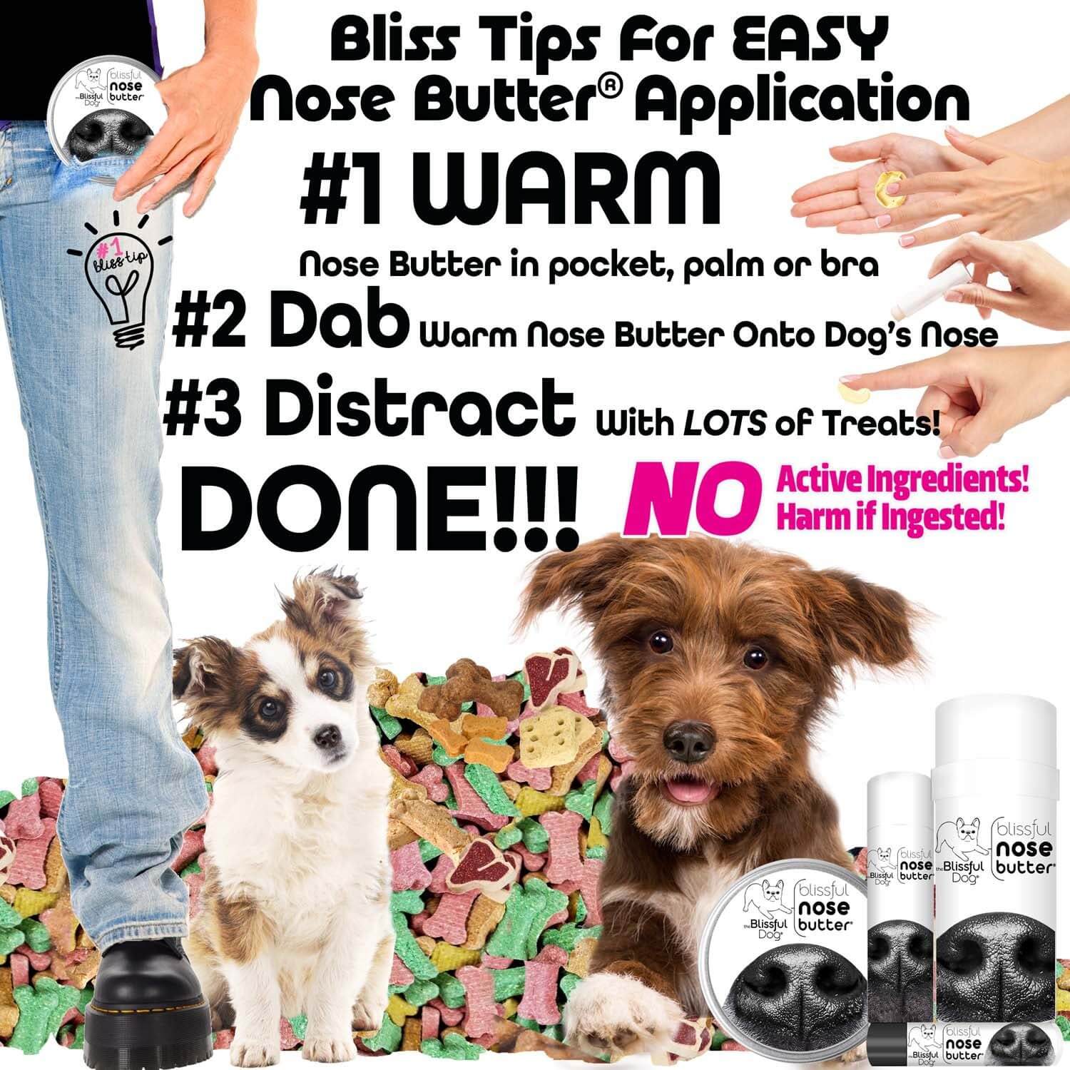 Bliss Tips For EASY Nose Butter Application for dogs showing warm, dab, distract method with playful puppies.