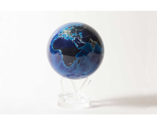 A rotating Earth globe at night, featuring illuminated cities from NASA satellite images, displayed on a clear stand.