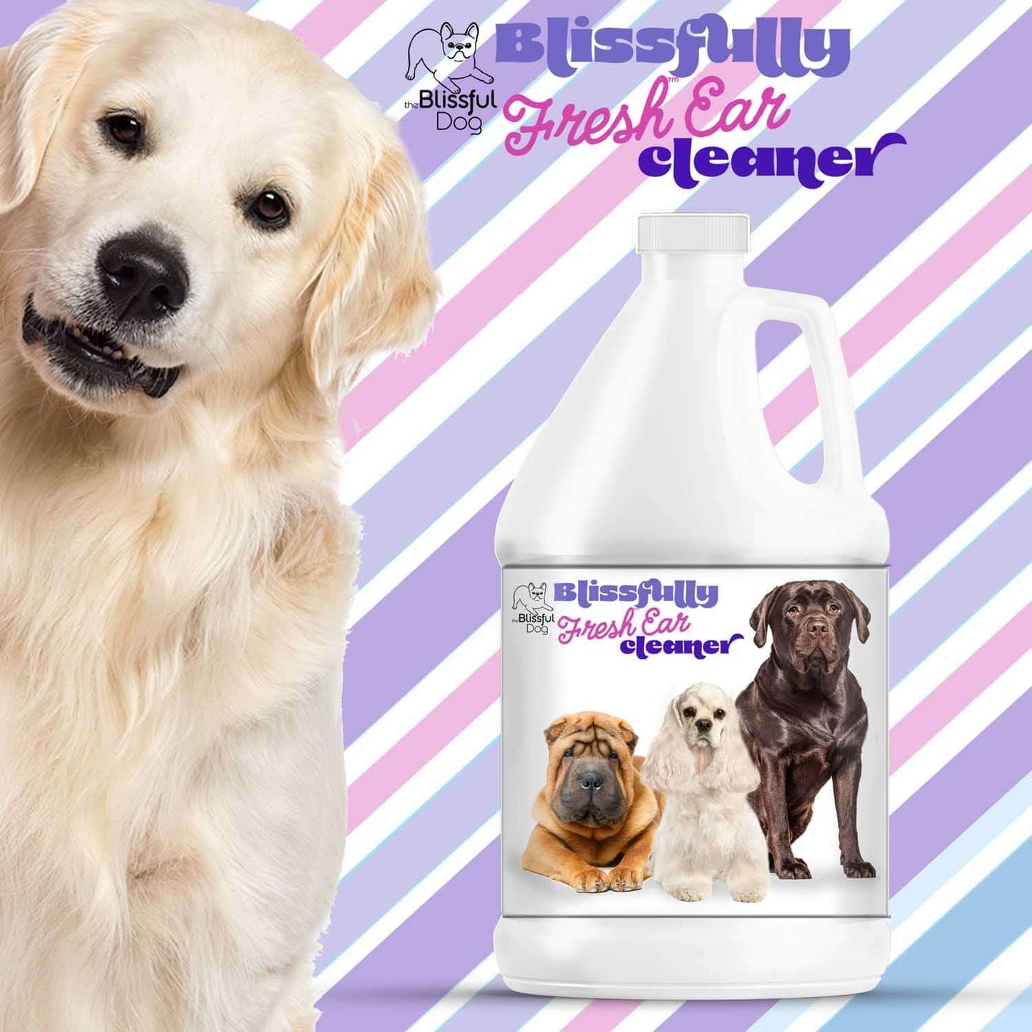 Blissfully Fresh Dog Ear Cleaner bottle with happy dogs on a colorful background