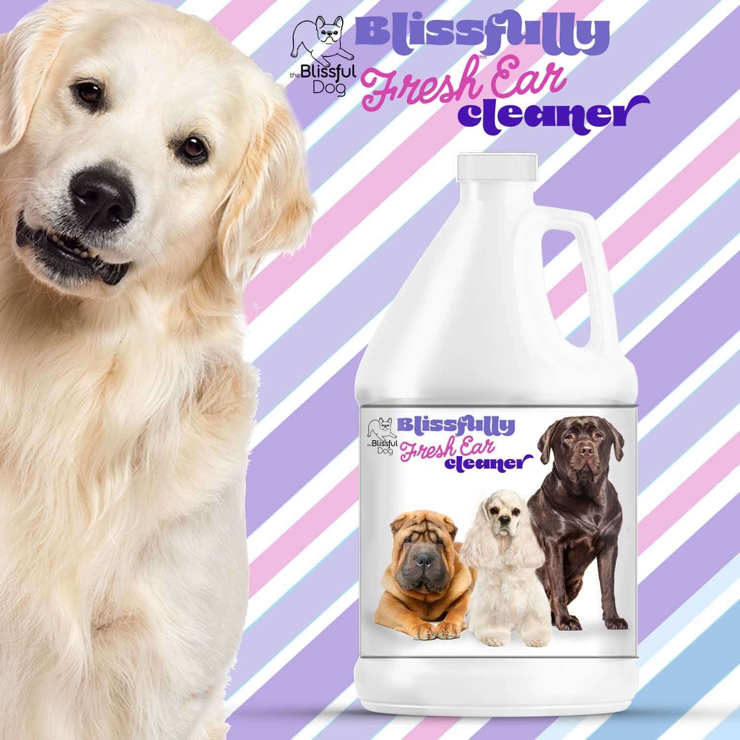 Blissfully Fresh Dog Ear Cleaner bottle with happy dogs on a colorful background