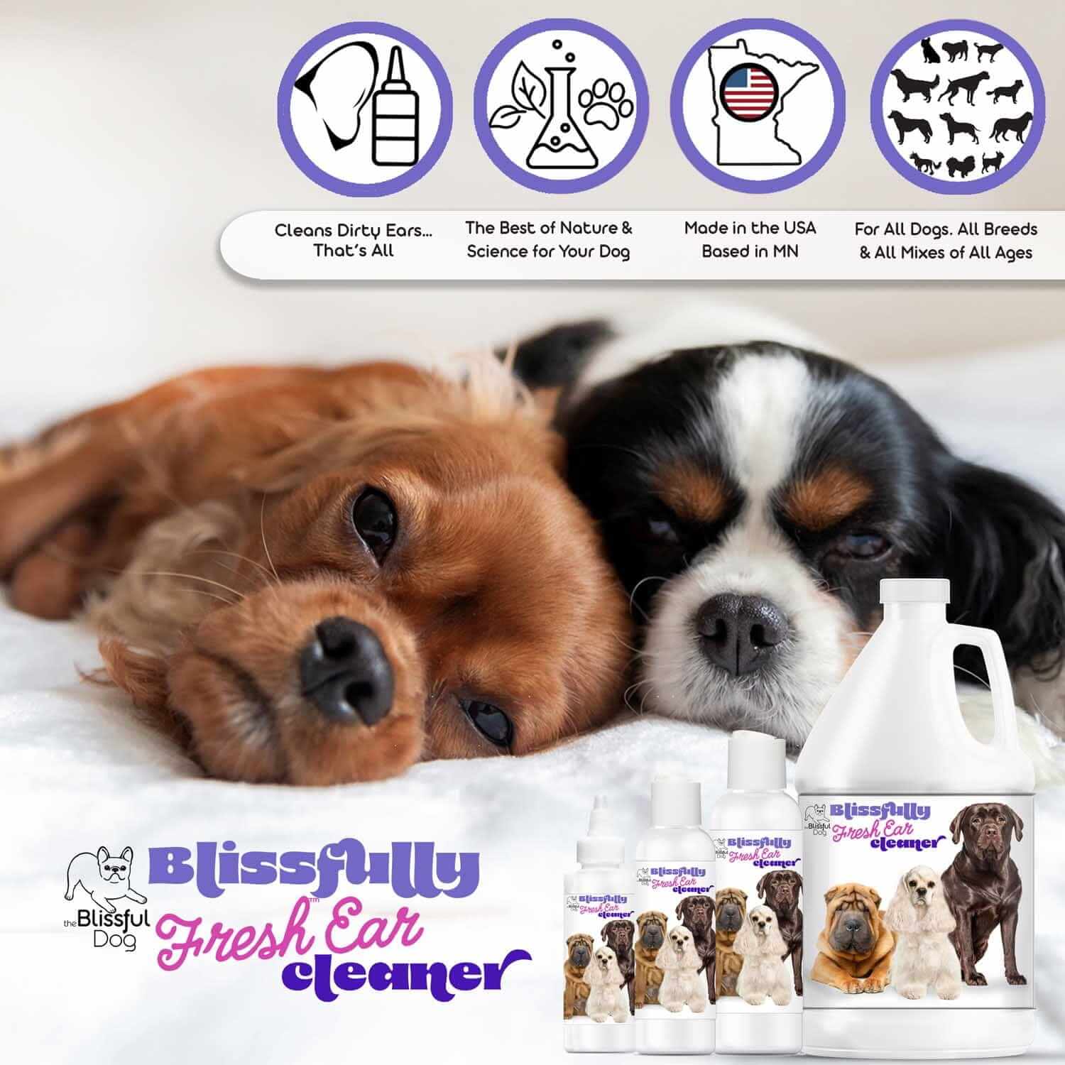 Relaxed dogs with Blissfully Fresh Dog Ear Cleaner bottles, perfect for cleaning dirty ears.