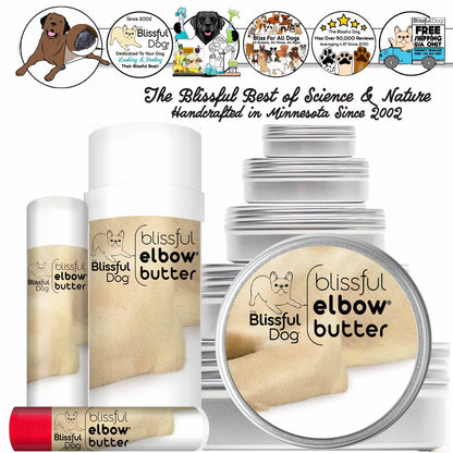 Blissful Elbow Butter for dog elbow calluses, handcrafted in Minnesota since 2002.