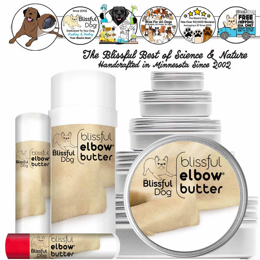 Blissful Elbow Butter for dog elbow calluses, handcrafted in Minnesota since 2002.