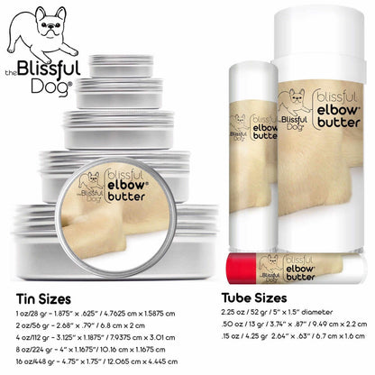 Blissful Elbow Butter product sizes including tins and tubes for dog elbow callus care.