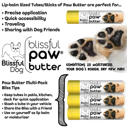Blissful Paw Butter in convenient tubes for moisturizing rough dog paw pads and easy application.