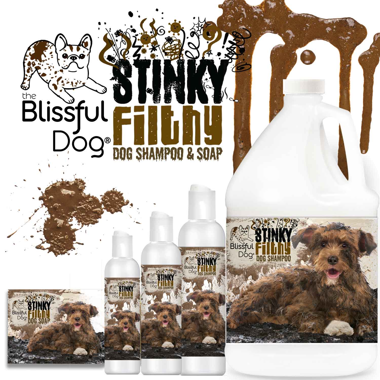 Stinky Filthy Dog Shampoo & Soap packaging featuring multiple sizes for cleaning muddy dogs.
