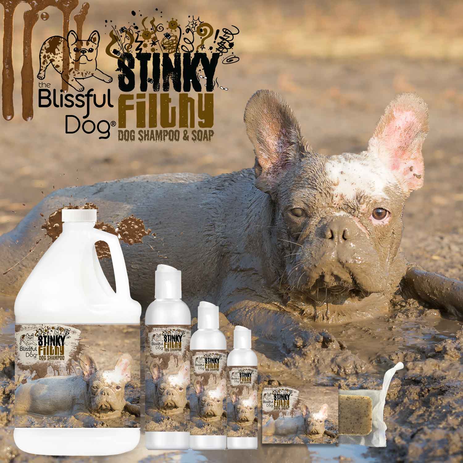 Stinky Filthy Dog Shampoo & Soap with a muddy dog, showcasing the product line designed for filthy dogs.