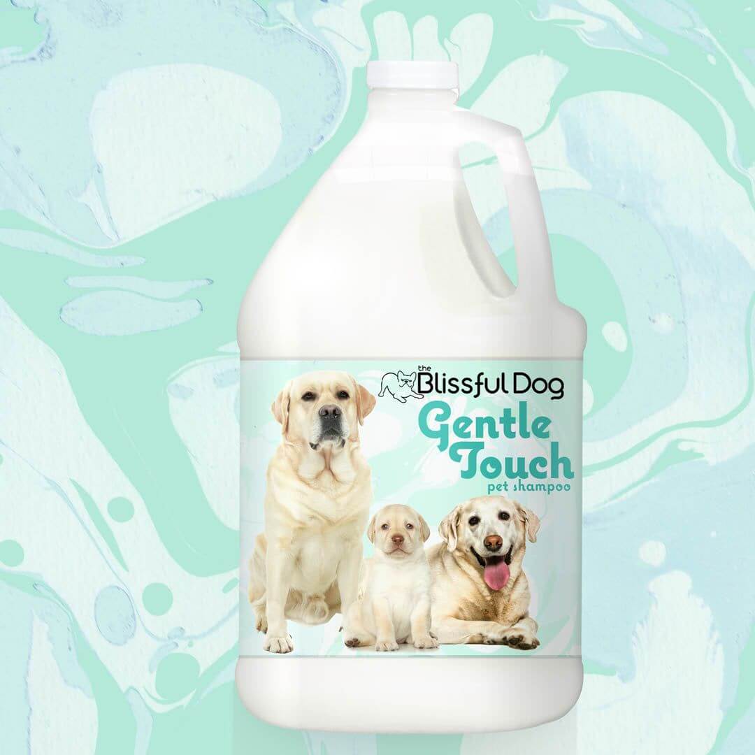 Gentle Touch Dog Shampoo and Soap for Sensitive Skin in a large container with images of dogs.