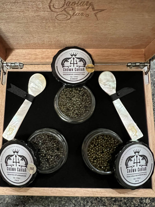 Crown Caviar Gift Box Set, 3; 1 oz Import Variety plus 2 spoons