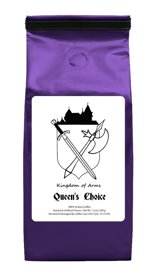 A 12 oz bag of Kingdom of Arms Queen's Choice coffee with a white label featuring a black illustration of a crown and crossed swords, against a purple background.