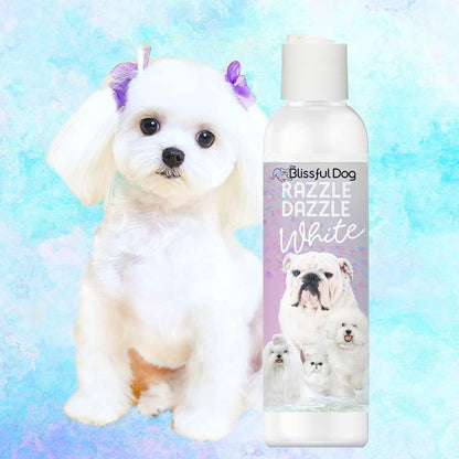 Razzle Dazzle White Pet Shampoo bottle next to a fluffy white dog with cute accessories.