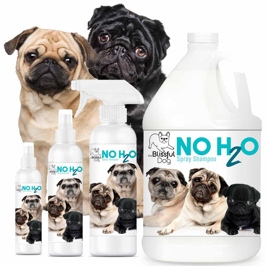 No water pet shampoo products featuring different sizes and pug dogs, perfect for quick pet cleaning.