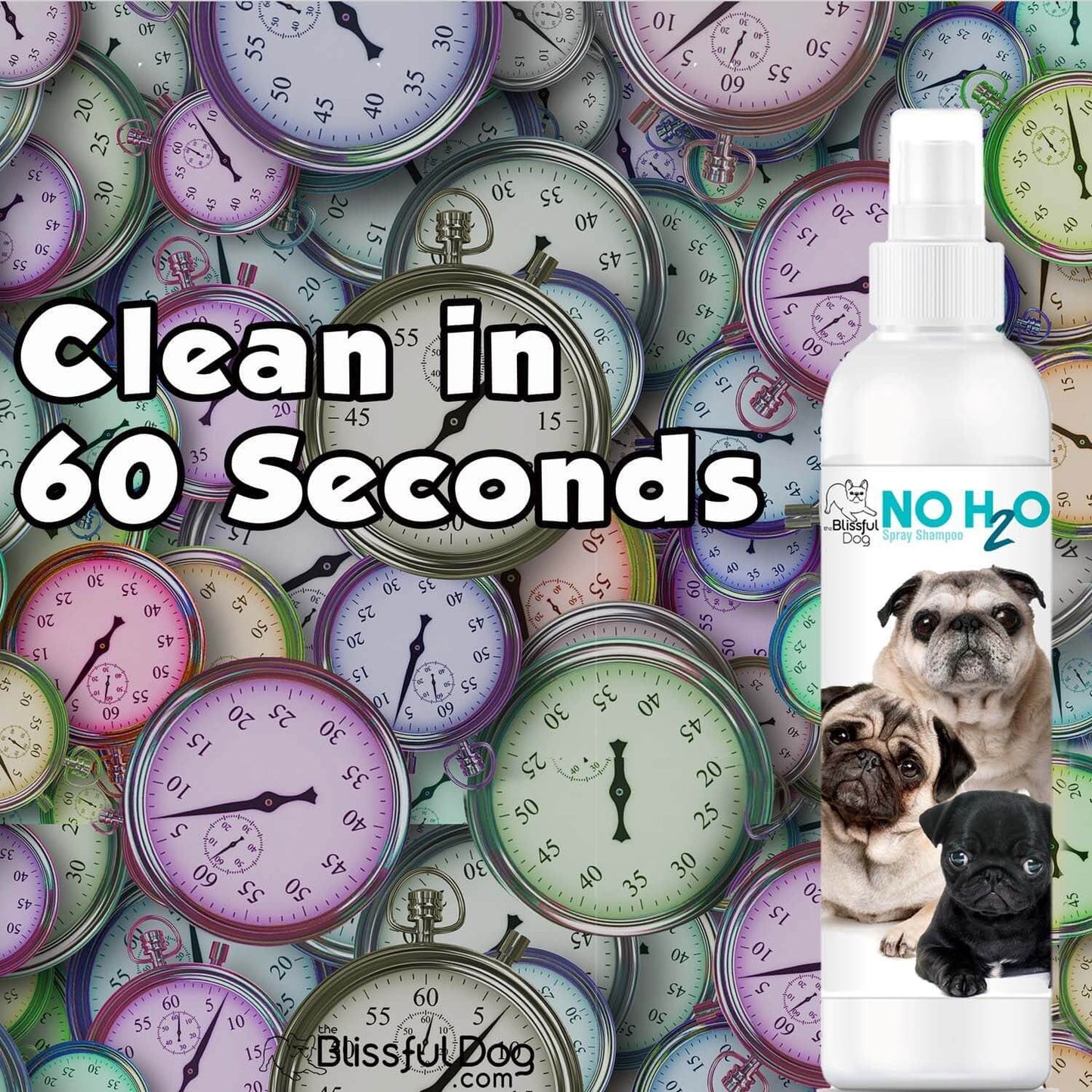 No water pet shampoo bottle in front of colorful clocks, highlighting clean in 60 seconds.