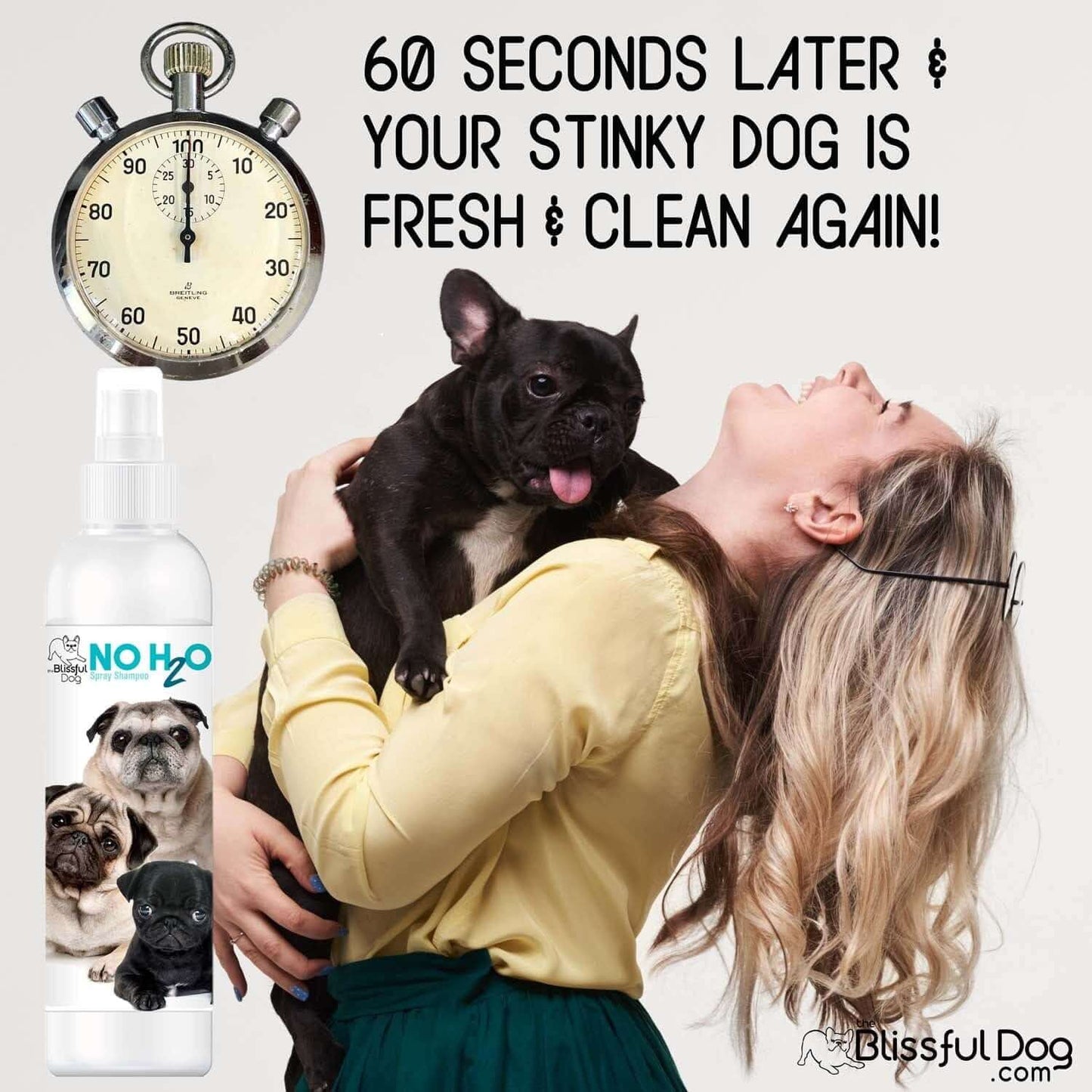 Woman happily cleaning her dog with no water pet shampoo in 60 seconds, illustrated by a stopwatch and playful dogs.