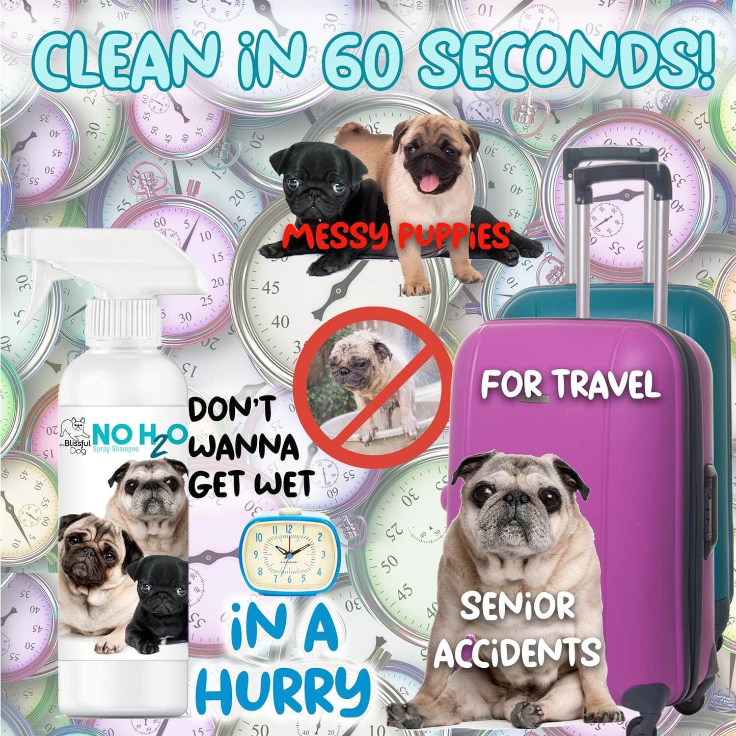 No water pet shampoo for quick clean up of messy puppies in 60 seconds, perfect for travel and senior accidents.