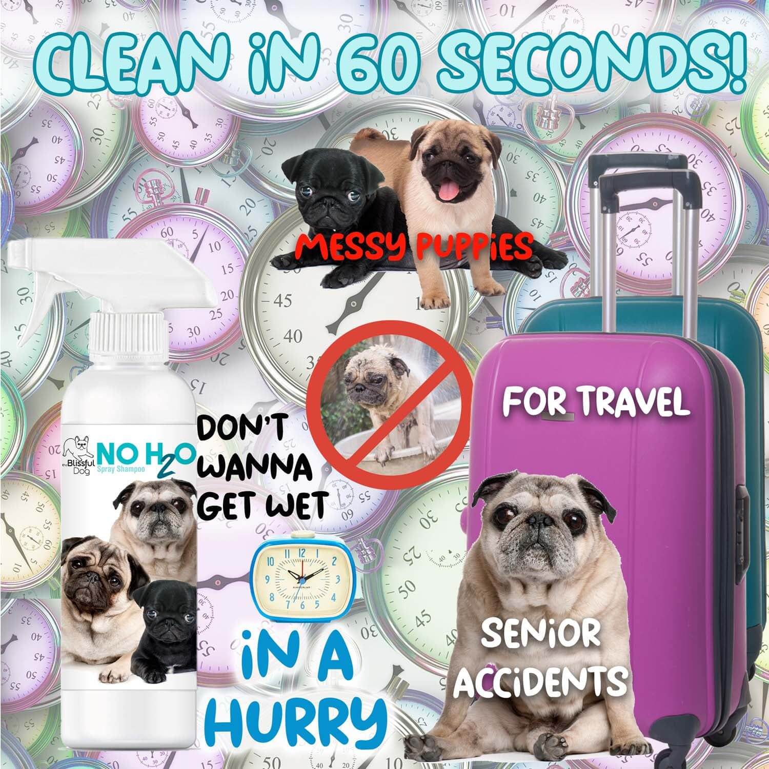No water pet shampoo for quick clean up of messy puppies in 60 seconds, perfect for travel and senior accidents.