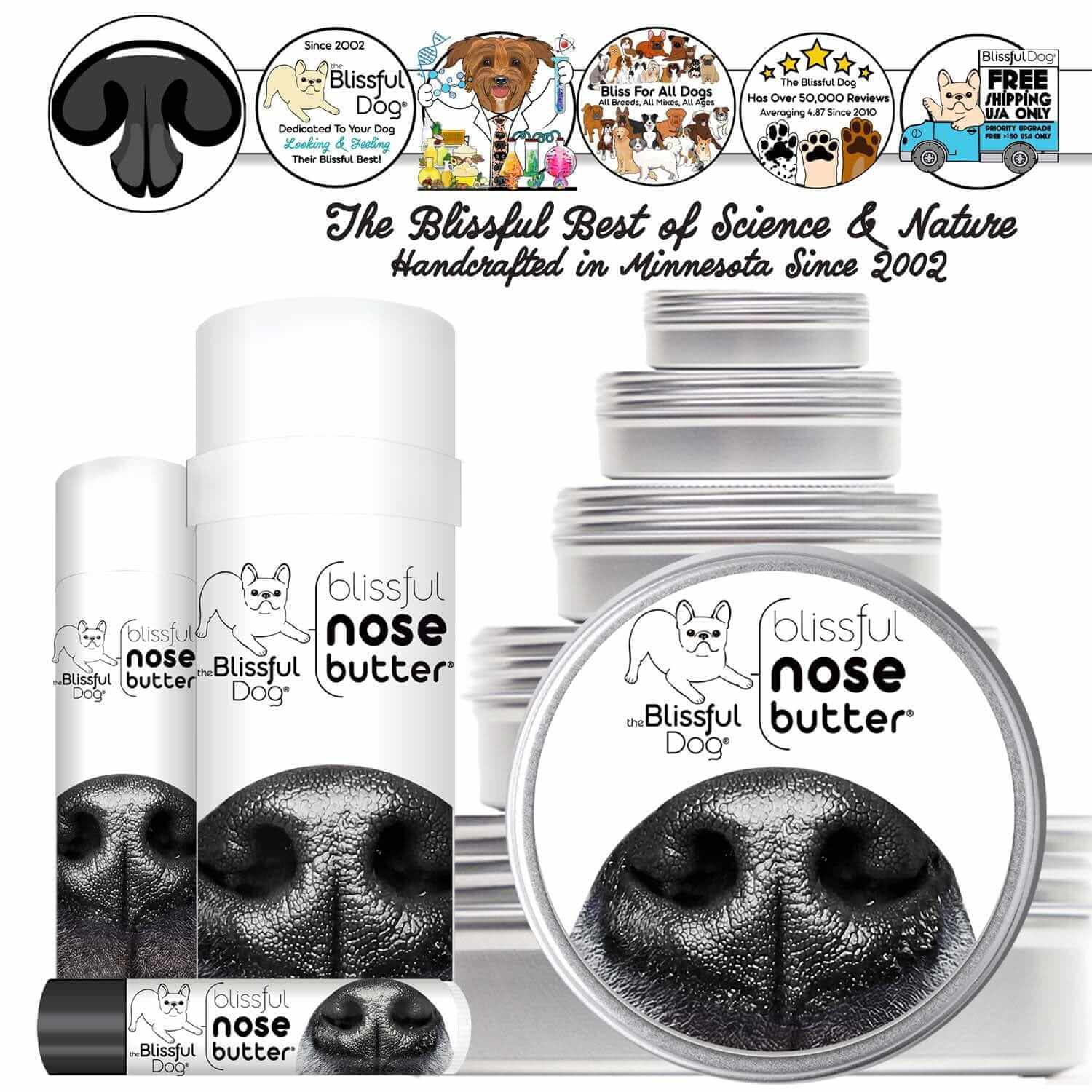 1 Dog Nose Butter For All Dogs packaging shown, featuring different sizes for treating dry crusty and cracking nose.