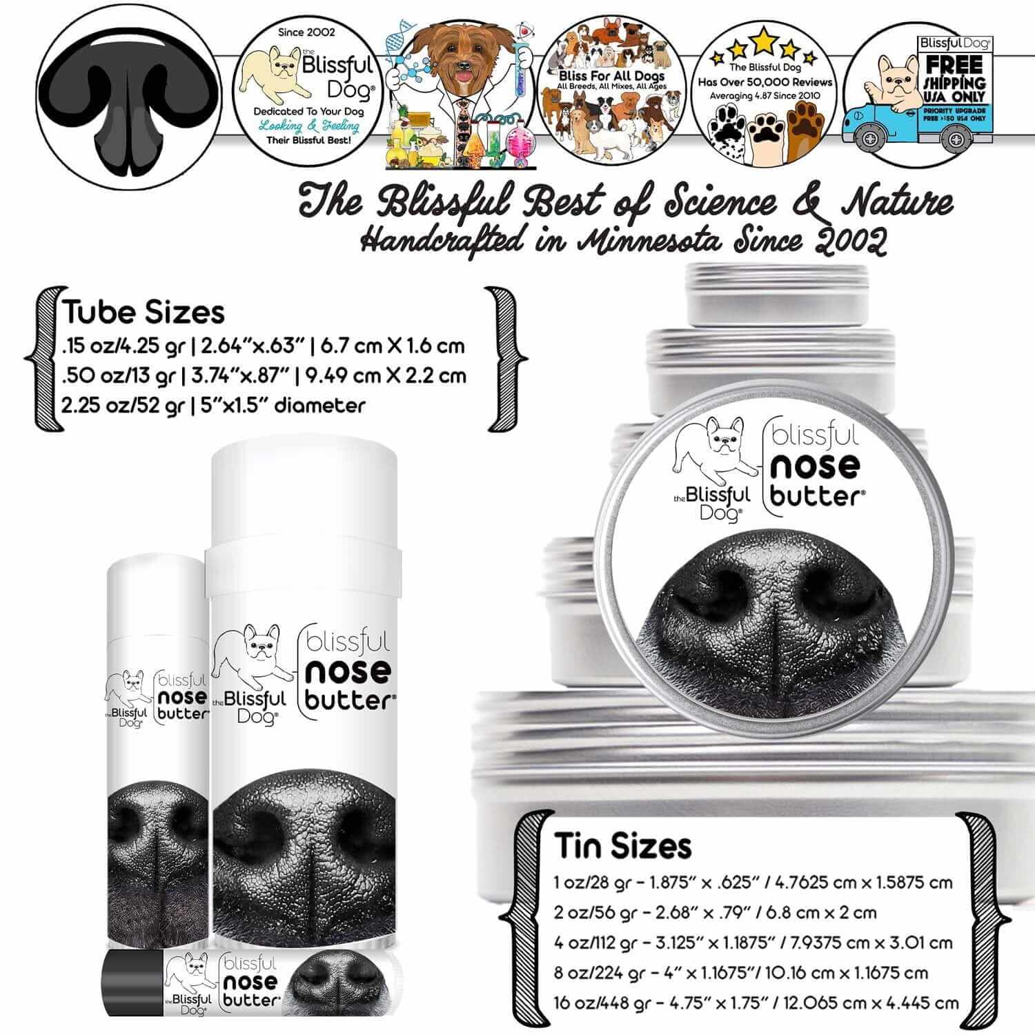 1 Dog Nose Butter For All Dogs product sizes and packaging options displayed with dog nose images