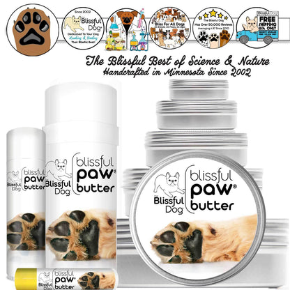 Blissful Paw Butter products for dog paw care, moisturizing and soothing dry, cracked paw pads.