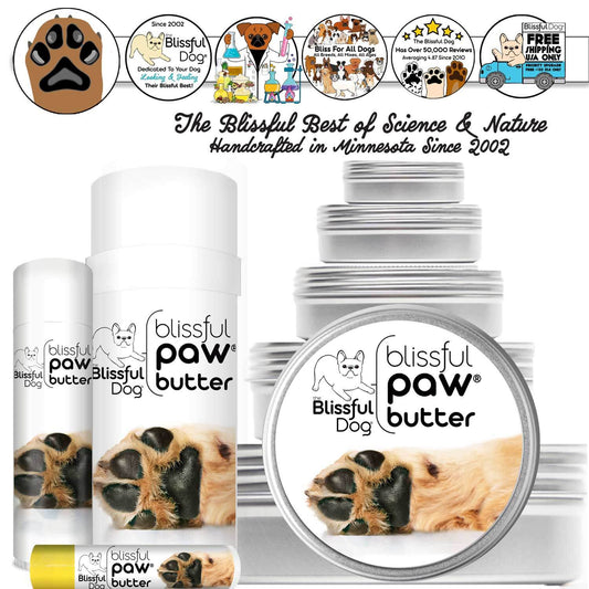Blissful Paw Butter products for dog paw care, moisturizing and soothing dry, cracked paw pads.