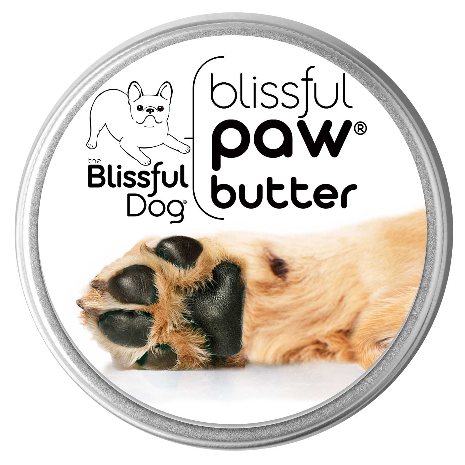 Blissful Paw Butter tin with a dog's paw in the background, promoting paw pad moisture and care.