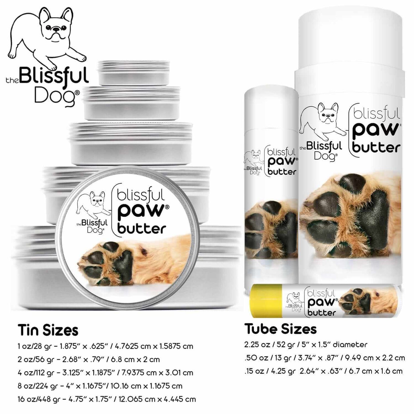 Blissful Paw Butter various packaging sizes including tins and tubes for moisturizing dog paw pads.
