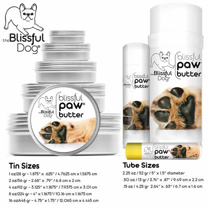 Blissful Paw Butter various packaging sizes including tins and tubes for moisturizing dog paw pads.