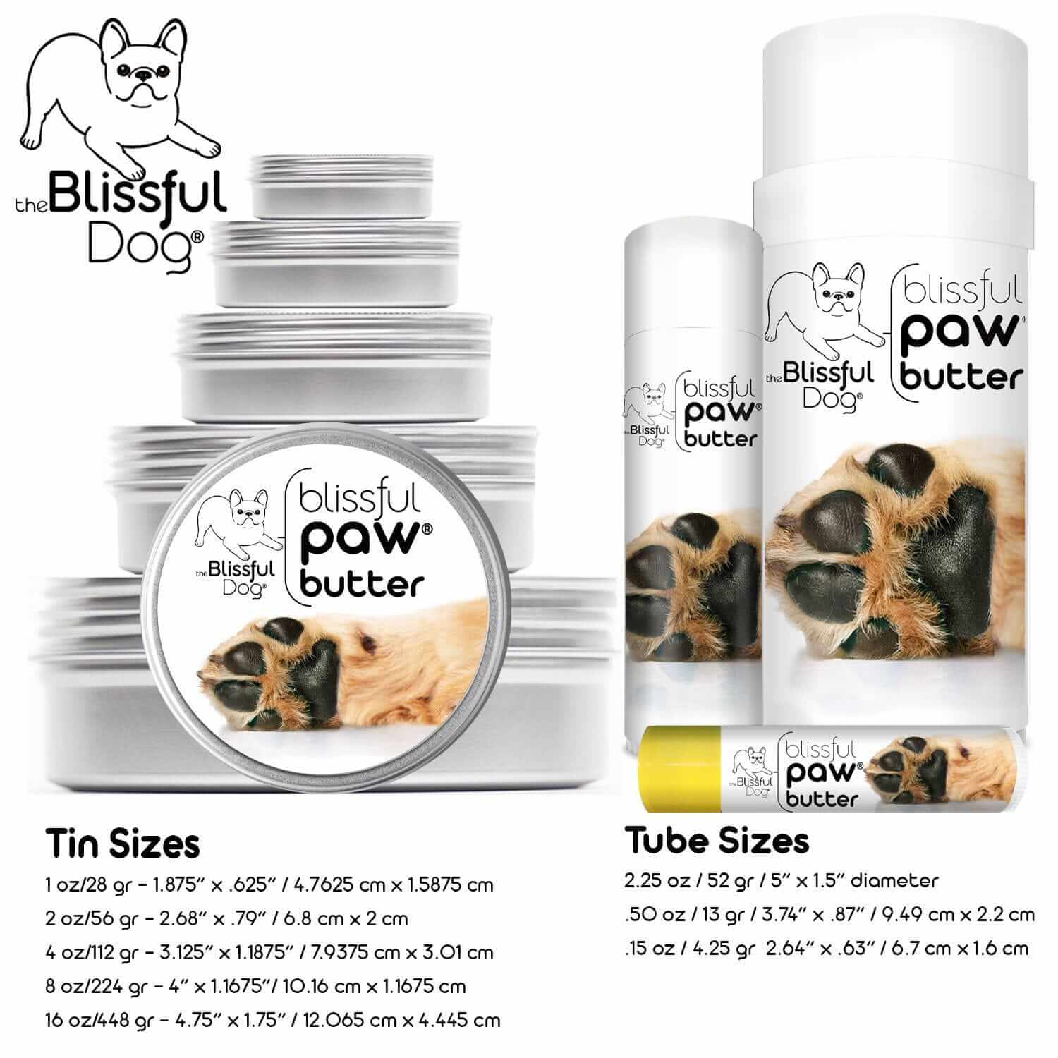 Blissful Paw Butter various packaging sizes including tins and tubes for moisturizing dog paw pads.