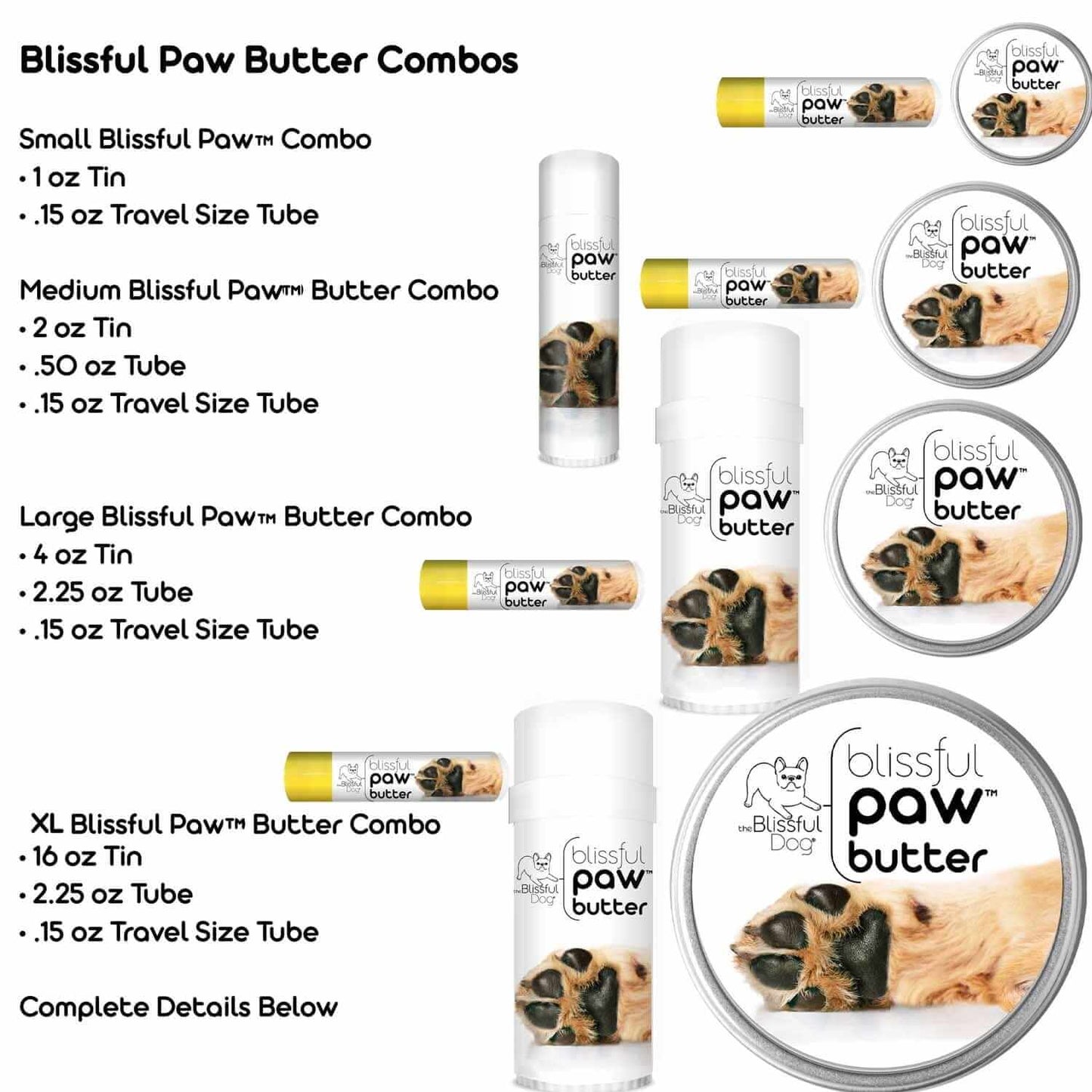 Blissful Paw Butter Combos featuring various sizes and packaging including tins and travel size tubes.