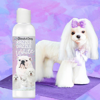 Razzle Dazzle White Pet Shampoo bottle next to a stylish white dog on a pastel background.