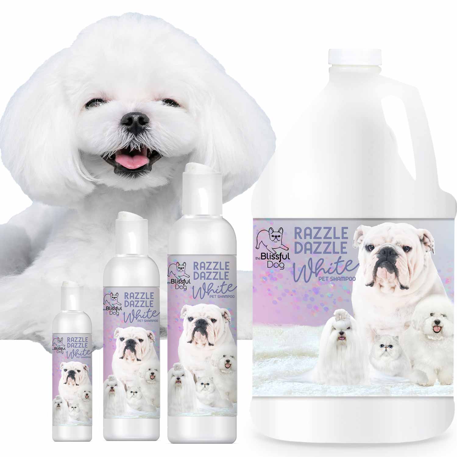 Razzle Dazzle White Pet Shampoo bottles next to a smiling white dog for brightening and cleansing pet fur.