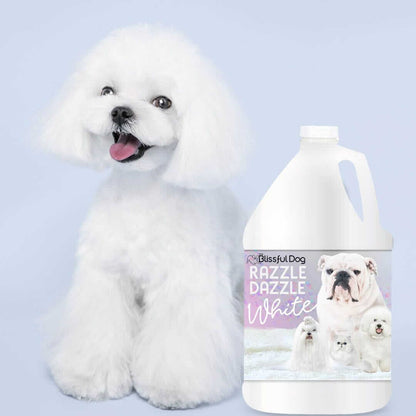 Razzle Dazzle White Pet Shampoo bottle next to happy white dog, showcasing cleansing and brightening features.