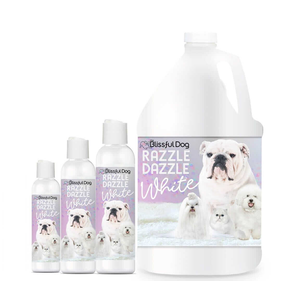 Razzle Dazzle White Pet Shampoo bottles and a gallon, designed for cleansing and brightening pets' fur.
