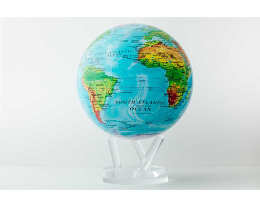 A blue relief map world globe with raised topography, positioned on a clear stand against a white background.