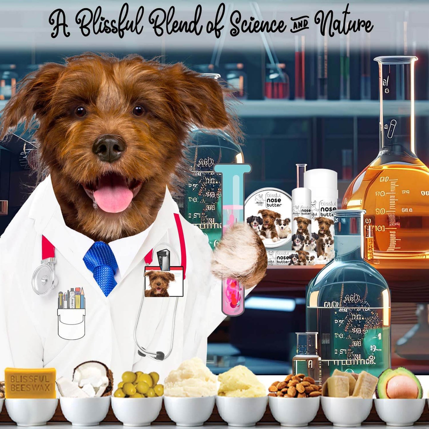 A cute dog in a lab coat promoting 3 Cute Puppies Nose Butter for soothing dry dog noses.