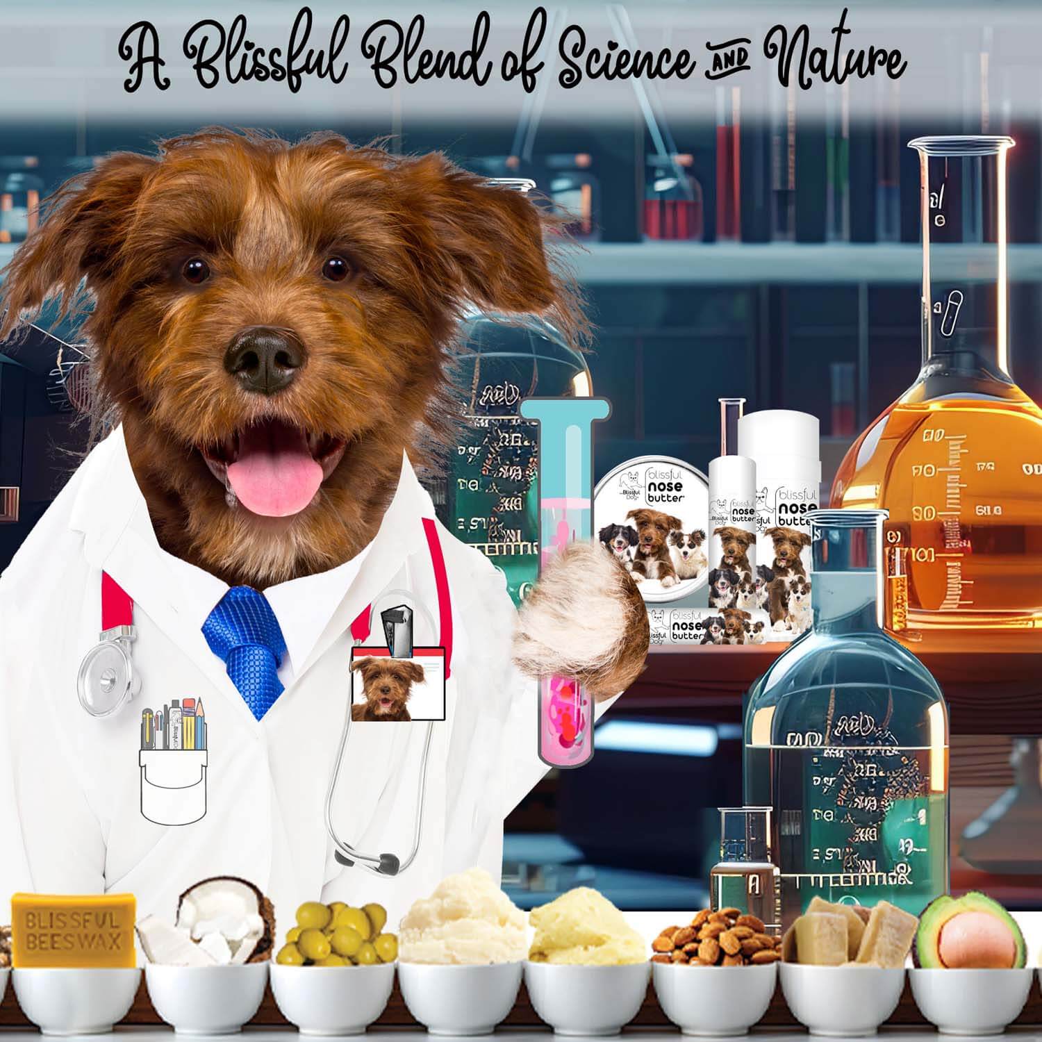 A cute dog in a lab coat promoting 3 Cute Puppies Nose Butter for soothing dry dog noses.