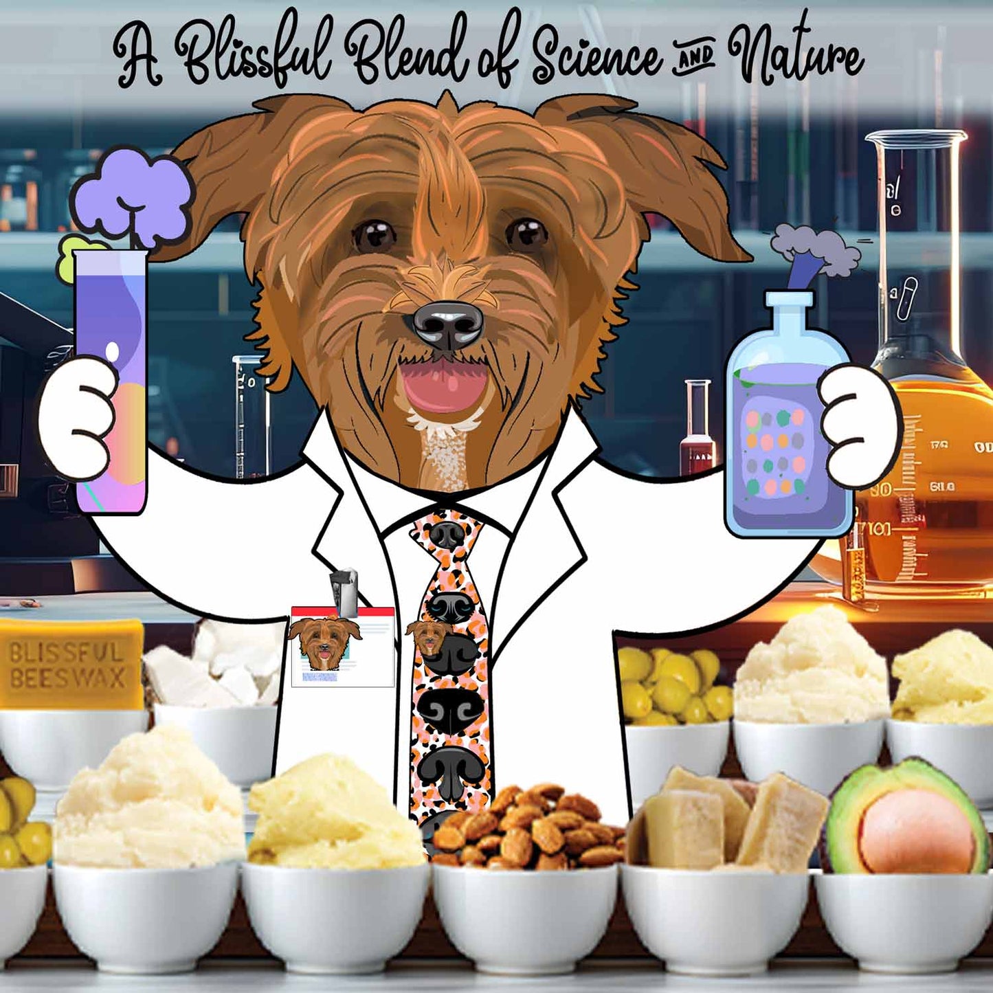 A cartoon dog in a lab coat holding test tubes, showcasing a blend of science and nature with various ingredients.