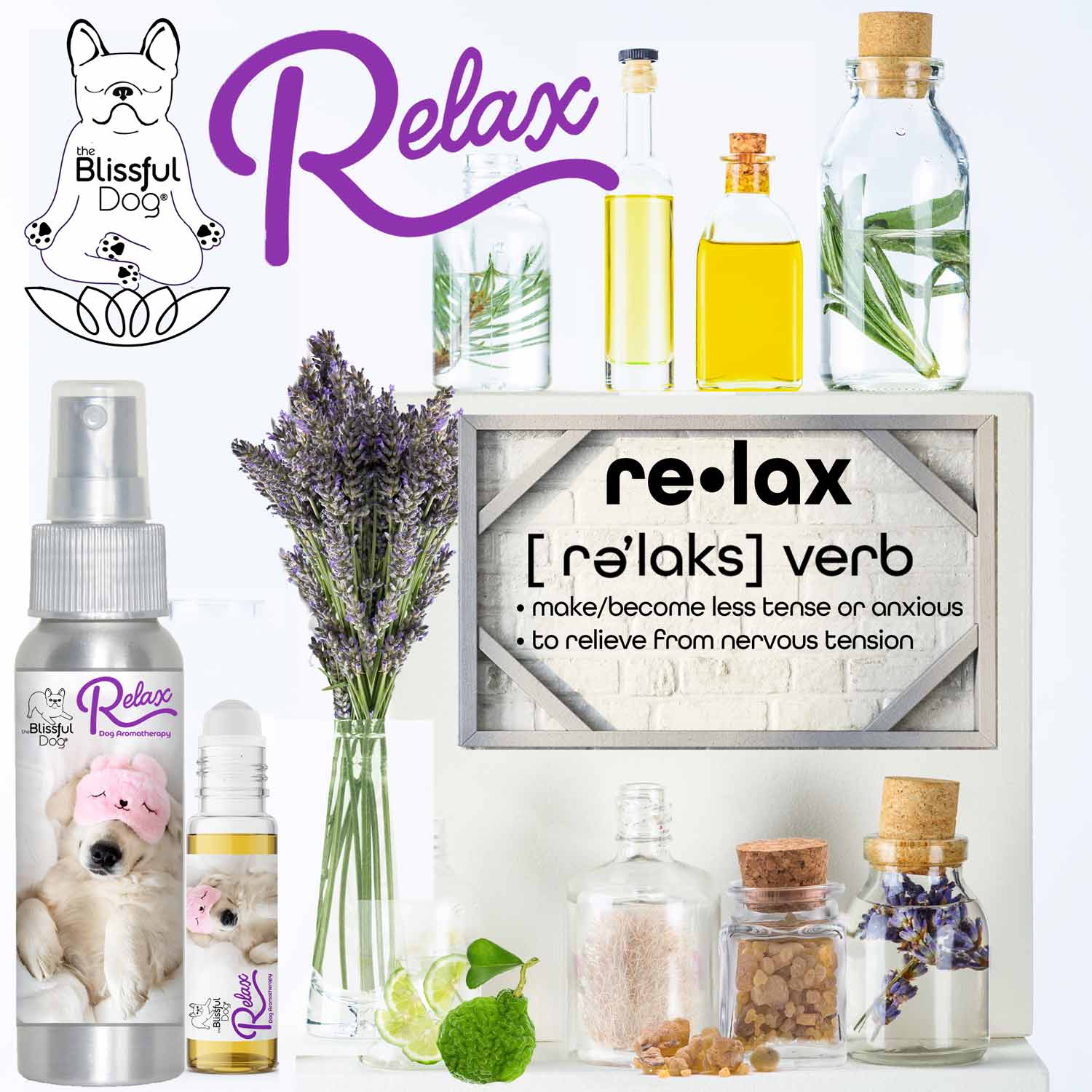 3 Cute Puppies Relax Dog Aromatherapy products displayed with lavender and essential oils for calming dogs during storms.