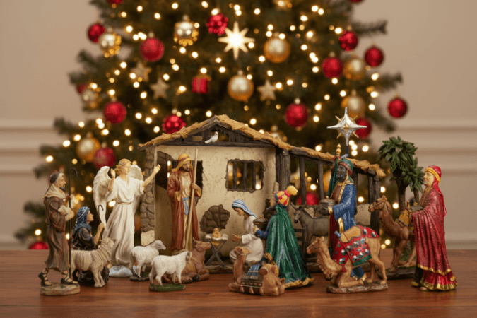 Real life nativity set featuring 20 intricately hand-painted figures and stable, perfect for Christmas decor.