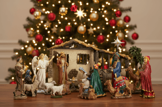Real life nativity set featuring 20 intricately hand-painted figures and stable, perfect for Christmas decor.