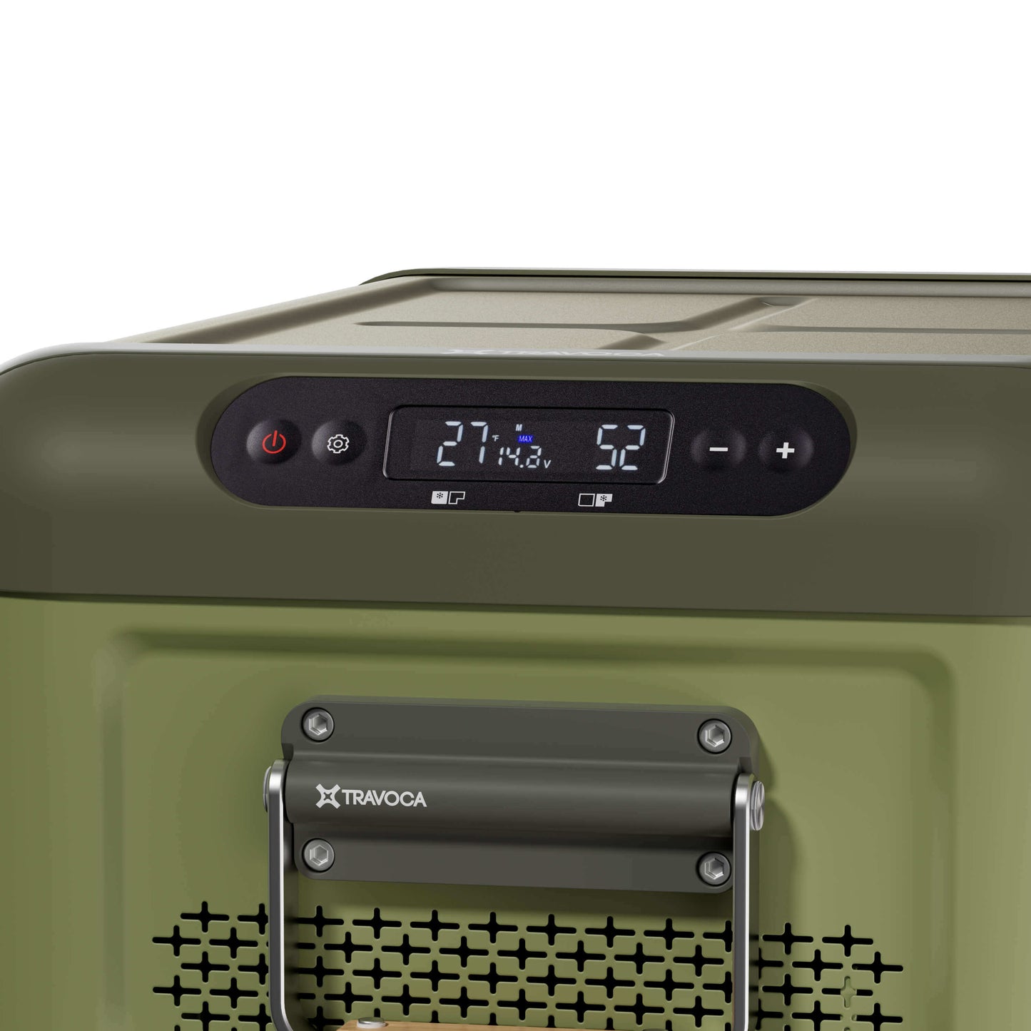 Close-up of the control panel on the Travoca Rigel 25 dual zone eCooler, showcasing temperature settings.