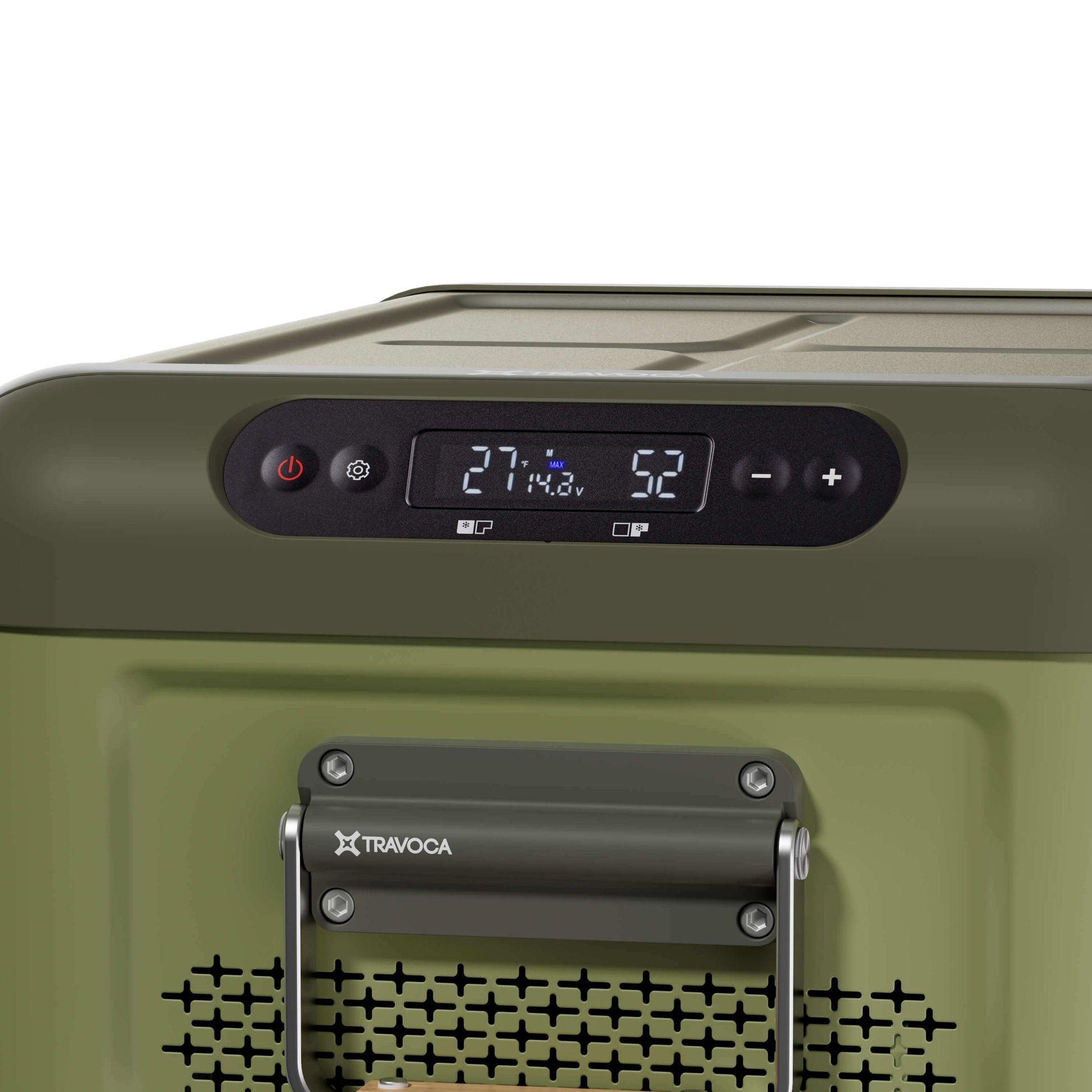 Close-up of the control panel on the Travoca Rigel 25 dual zone eCooler, showcasing temperature settings.