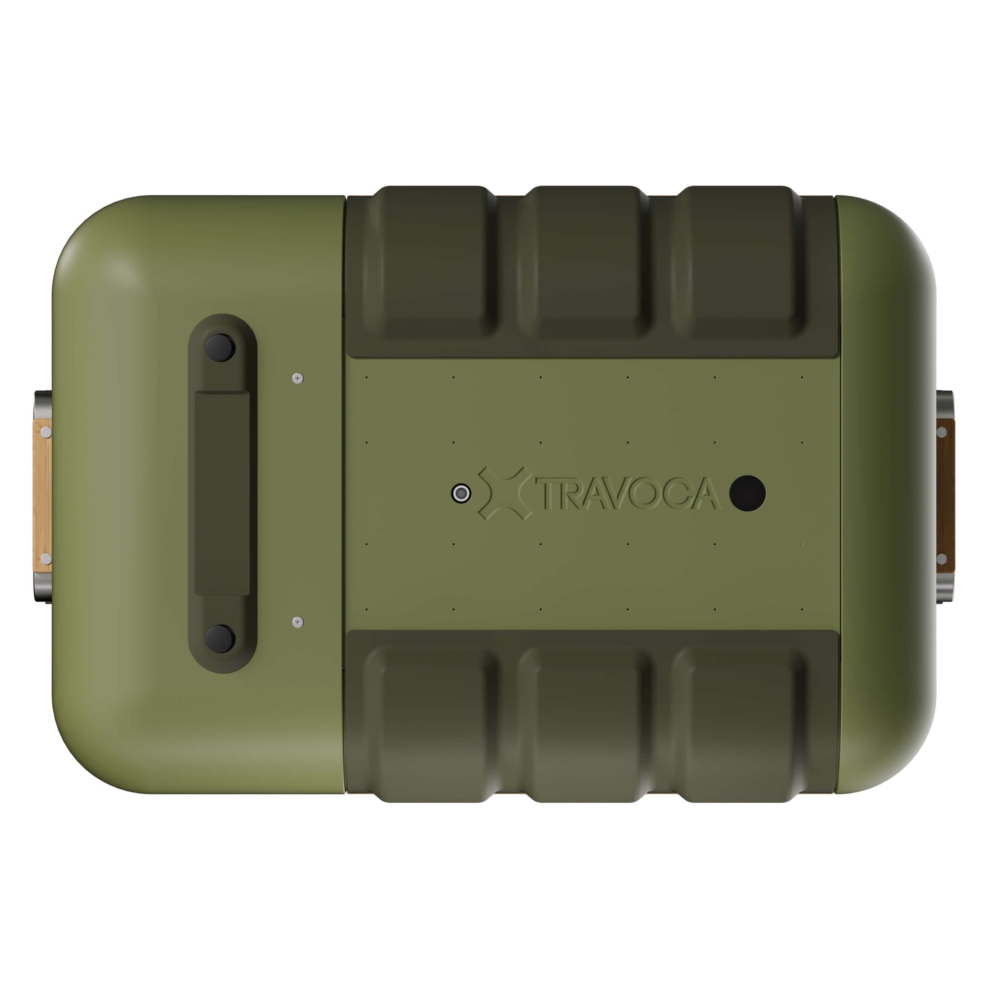 Travoca Rigel 25 dual zone eCooler top view in green color, showcasing its rugged design and features.